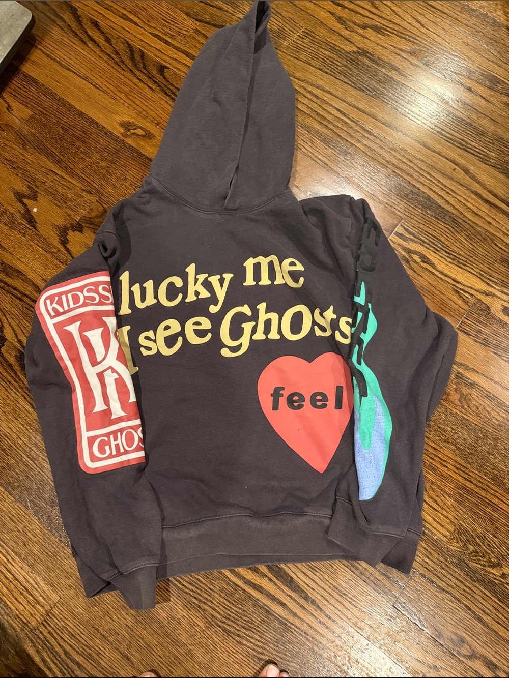 Lucky Me I See Ghosts Black Graphic Hoodie with Heart Print camp flog gnaw